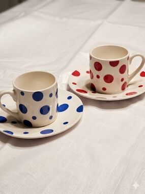 Vintage Skye McGhie Polka Dot Espresso Cup & Saucer Set White Pink Blue